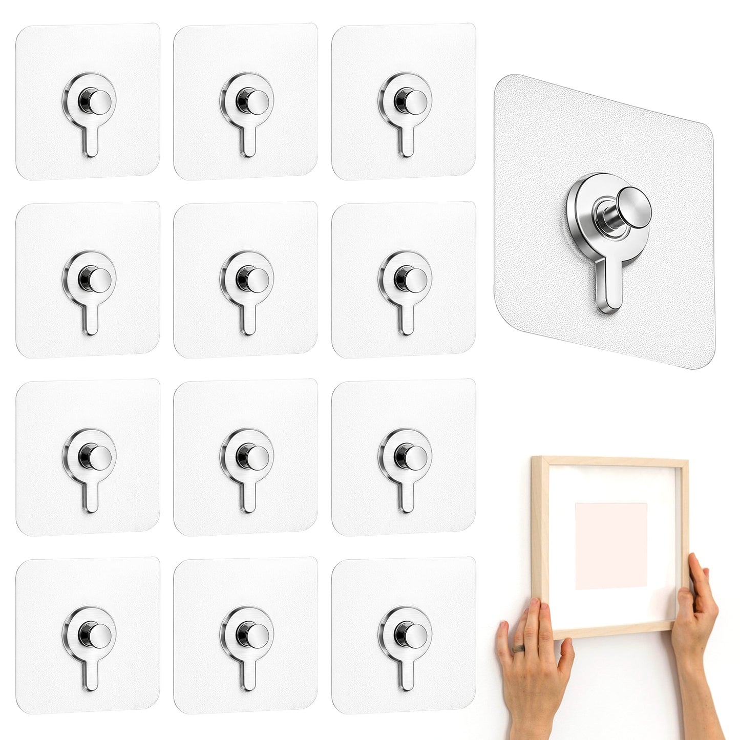12 Pcs Picture Hangers Without Nails, Wall Hooks Adhesive Picture Hooks, Heavy Duty Adhesive Wall Hook, Transparent Waterproof Frame Hangers Sticky Hook for Kitchen, Bathroom, Office