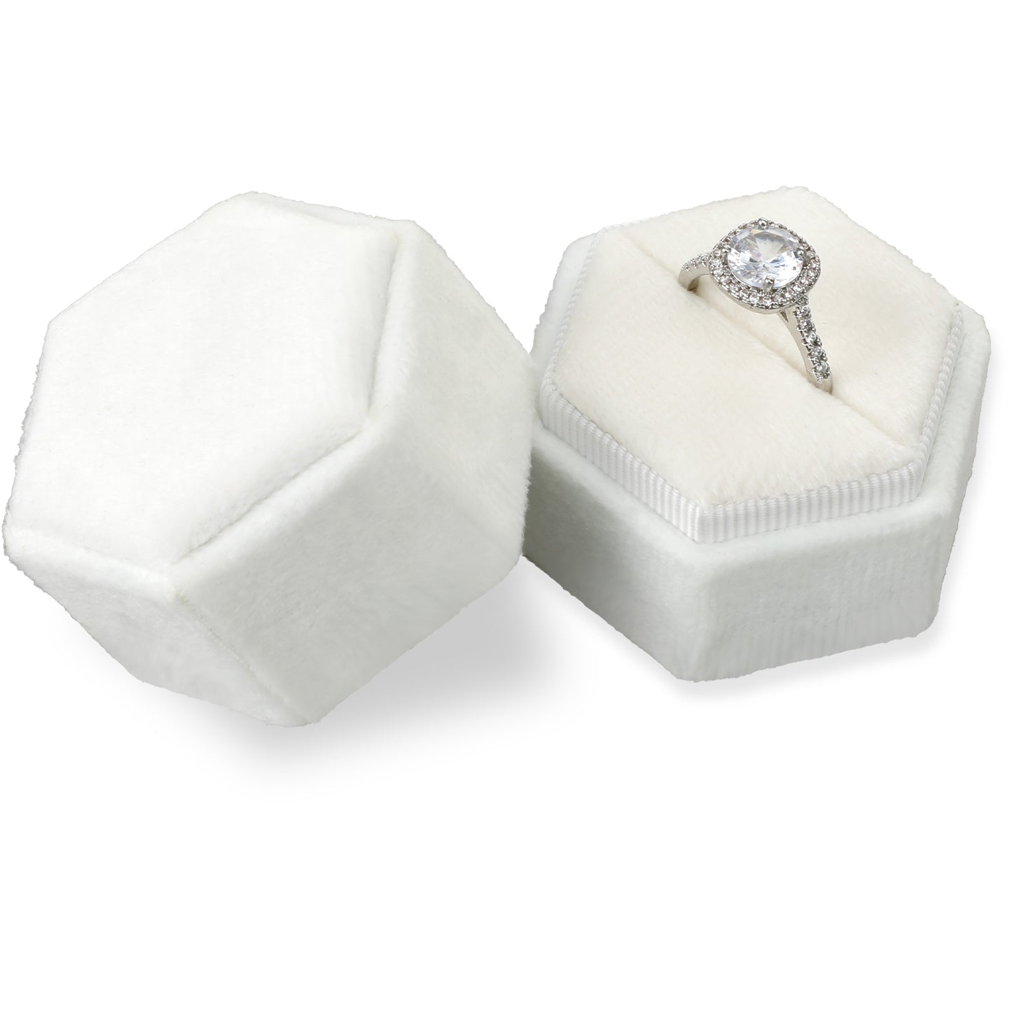 Velvet Ring Box, Hexagon Ring Box Wedding Day Vintage Engagement Ring Box with Detachable Lid Ring Display Holder Case for Proposal, Engagement, Wedding Ceremony, Valentine's Day (White, 1 Slot)
