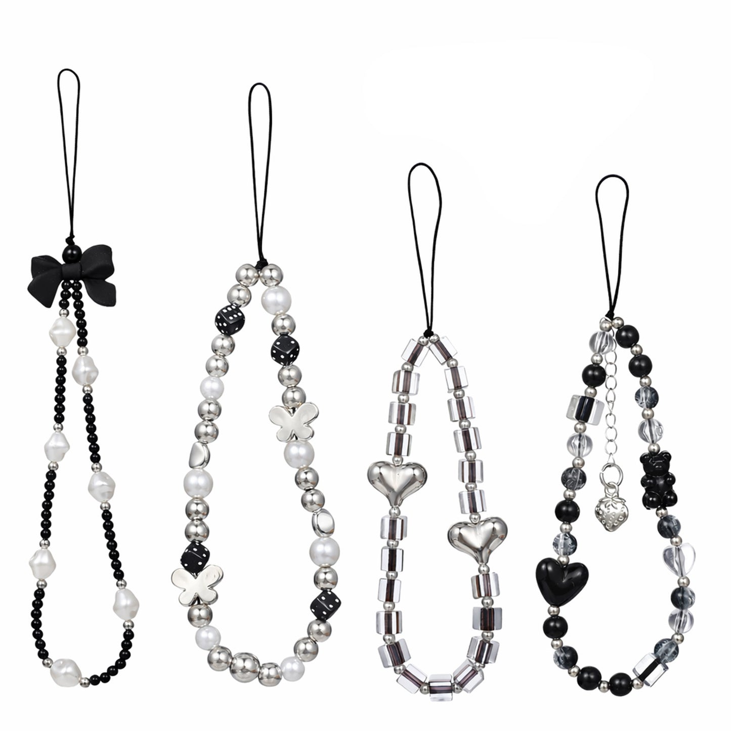 Qulkws 4 Pcs Crystal Beaded Phone Charms with Phone Tether Tab Cute Beaded Phones Lanyard Wrist Strap Acrylic Cell Phones Wrist Strap Aesthetic CellPhone Keychain for Camera Key Purse for Women