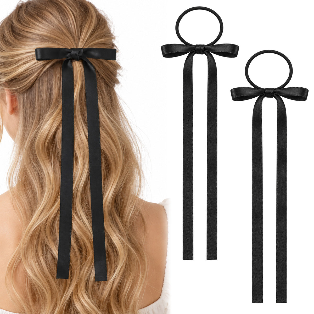 2Pcs Black Ribbon Hair Ties with Bow for Women, Satin Hair Bows