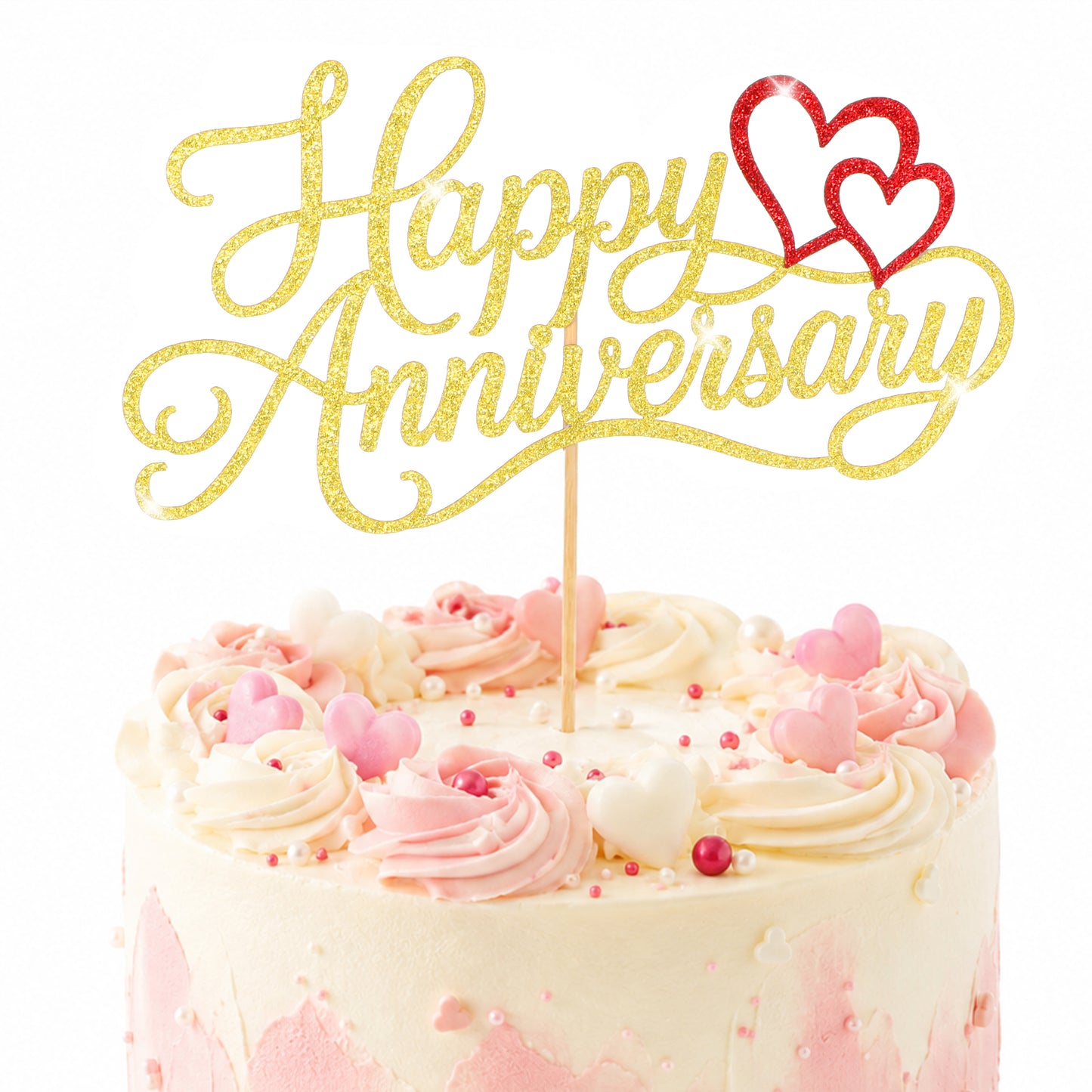 Happy Anniversary Cake Topper, Glittery Gold Anniversary Cake Pick