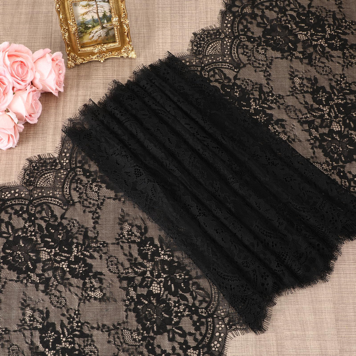 15.75" Wide 3 Yard Black Eyelash Lace Fabric Lace Ribbon, Laces Trim Ribbon