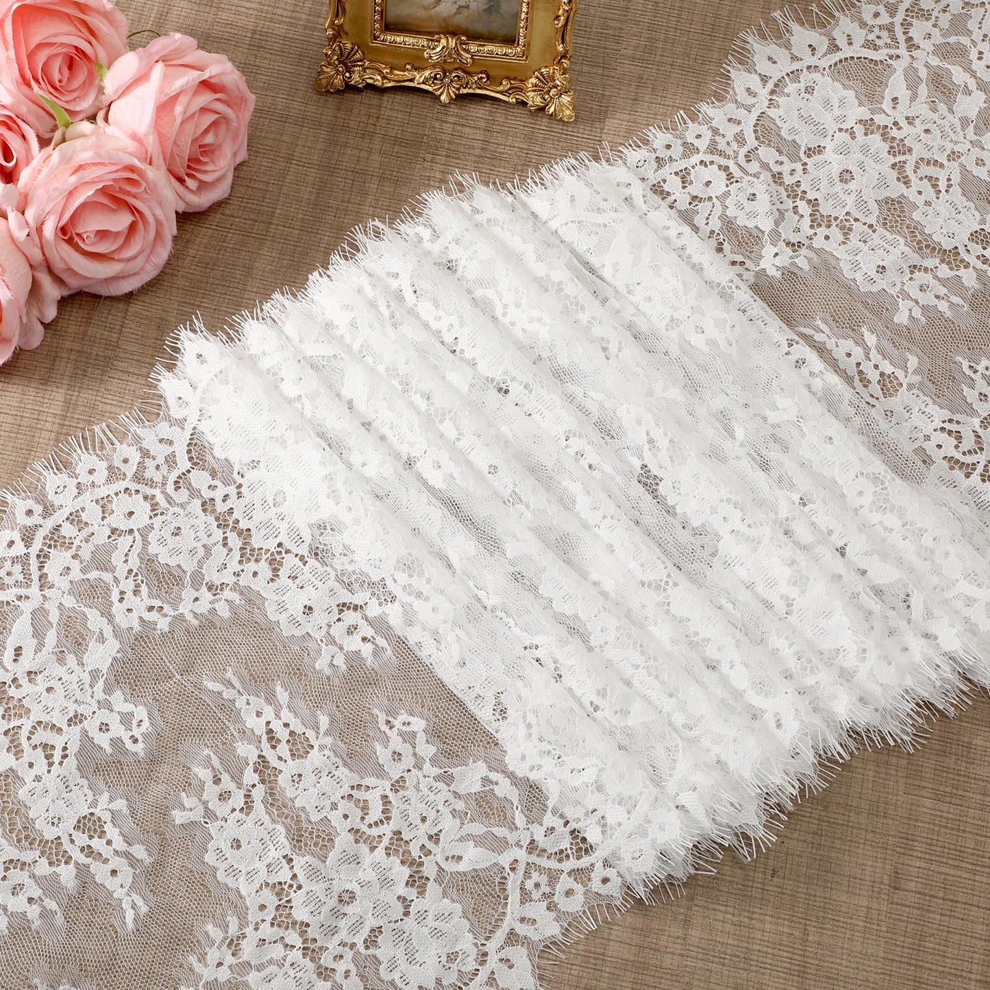 Floral Embroidered Laces Fabric, 11.22" Wide 3 Yard White Eyelash Lace Fabric Lace Ribbon, Laces Trim Ribbon for Wedding, Sewing, DIY Crafting, Home Decor (White)