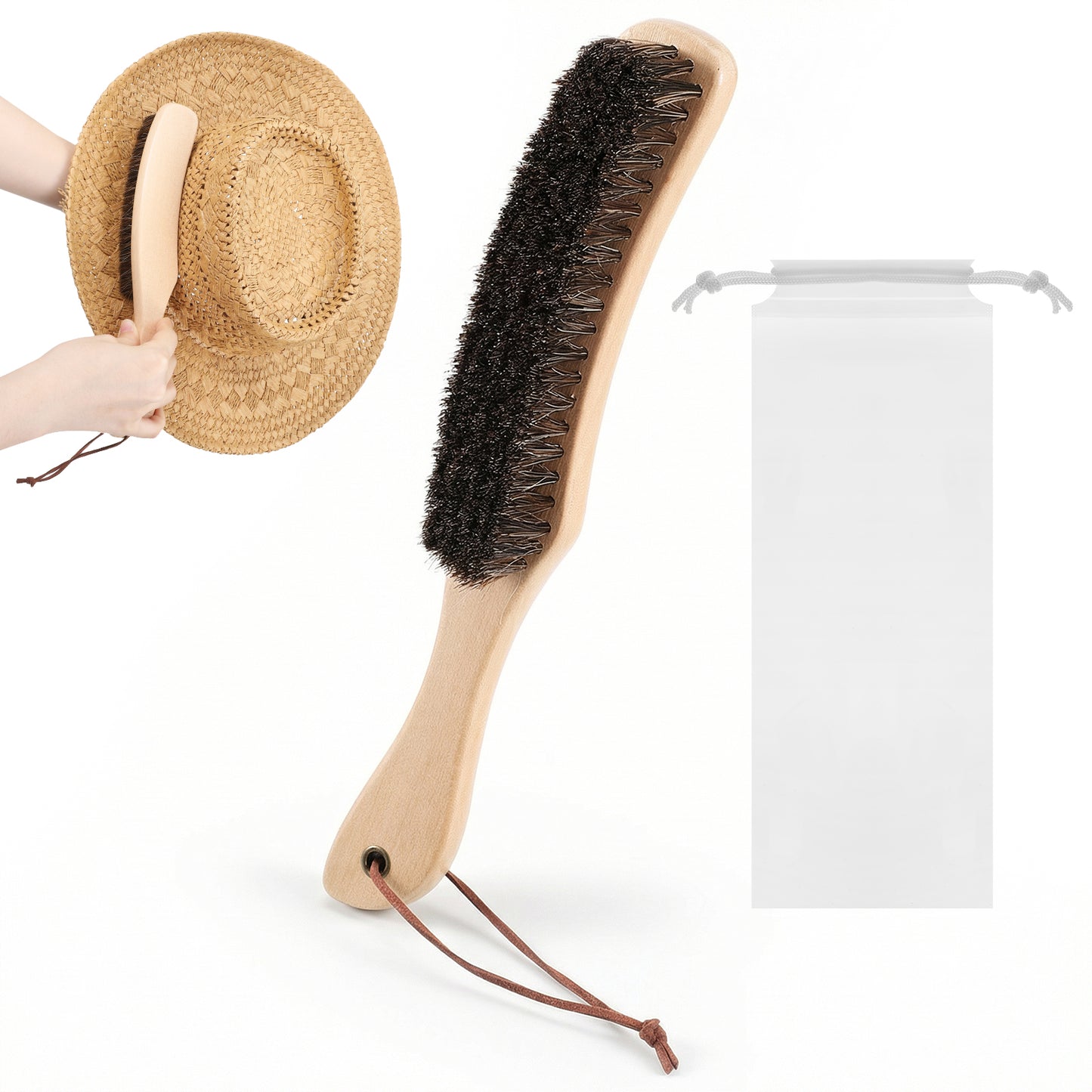 Cowboy Hat Brush Felt Hat Brush Horsehair Brushes for Cleaning Lint Brushes Remove Dust and Hair for Suede Wool Coats Suits Clothes Shoes Furniture Wood Handle with Storage Bag
