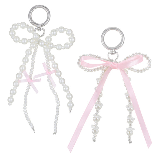 Zyghjort 2 PCS Pearl Bow Keychain Pink Ribbon Bow Keychain Cute Bowknot Pearl Tassel Keychains Elegant Bows Keychains Bows Beaded Bag Charms Purse Car Key Chain for Women Girl
