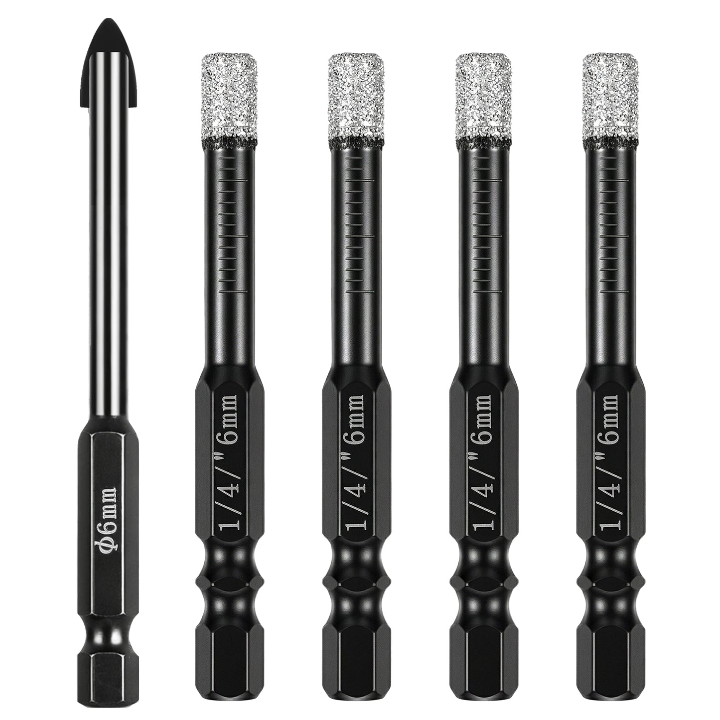 5 PCS Diamond Core Drill Bits Set, Diamond Hole Saw, 1/4 Hex Shank Core Drill Bits, Vacuum Brazed, 6mm Hole Saw for Glass, Ceramic, Porcelain, Tiles, Marble