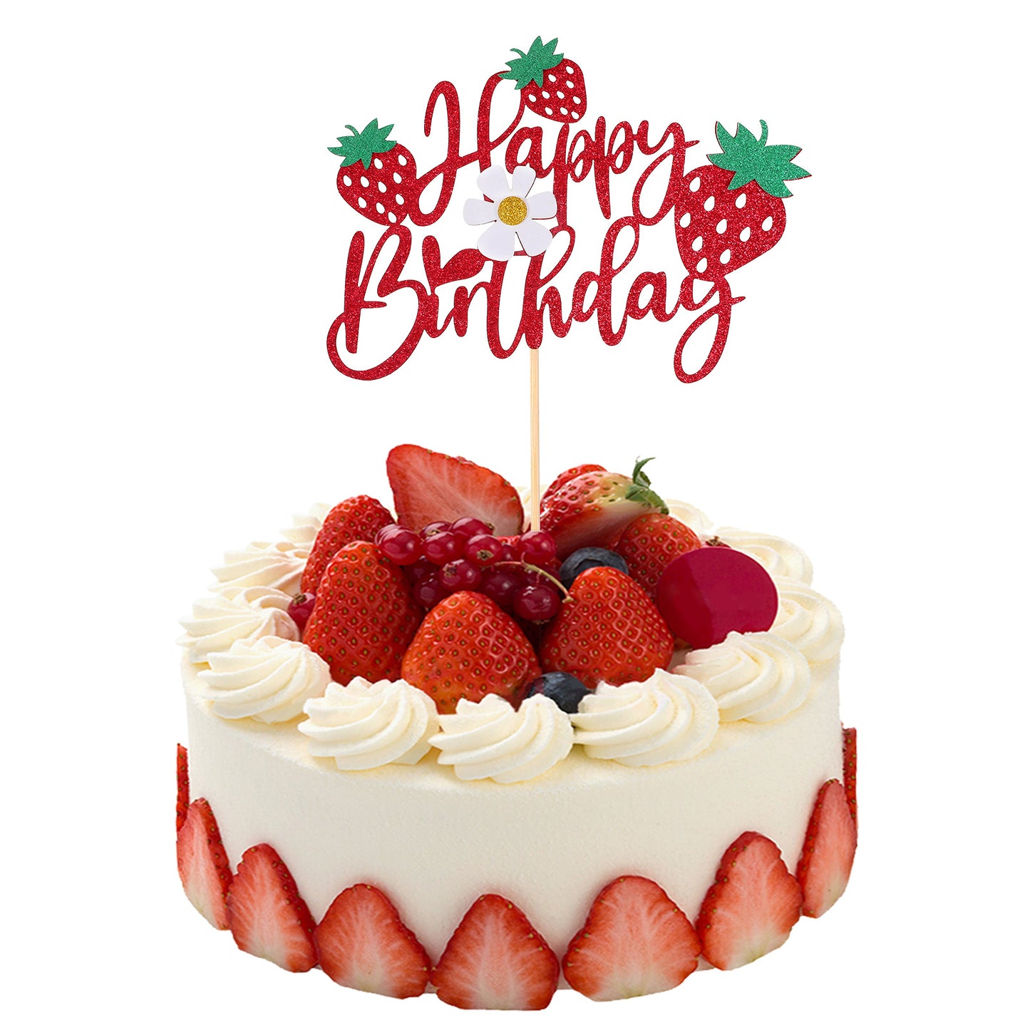 Strawberry Happy Birthday Cake Topper Decorations Glitter Strawberry Flower Cupcake Toppers Red Strawberries Fruit Theme Cake Pick Decor for Women Girls Baby Shower Birthday Party Cakes Decorations