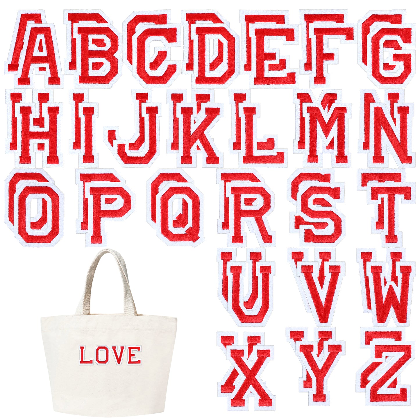 Iron on Letters for Clothes, 52 Pcs Iron on Letter Patches Alphabet A-Z Embroidered Patches with Ironed Adhesive Decorative Fabric Letters Patch for Jackets, Coats, Hats, Bags, Jeans, Backpack (Red)