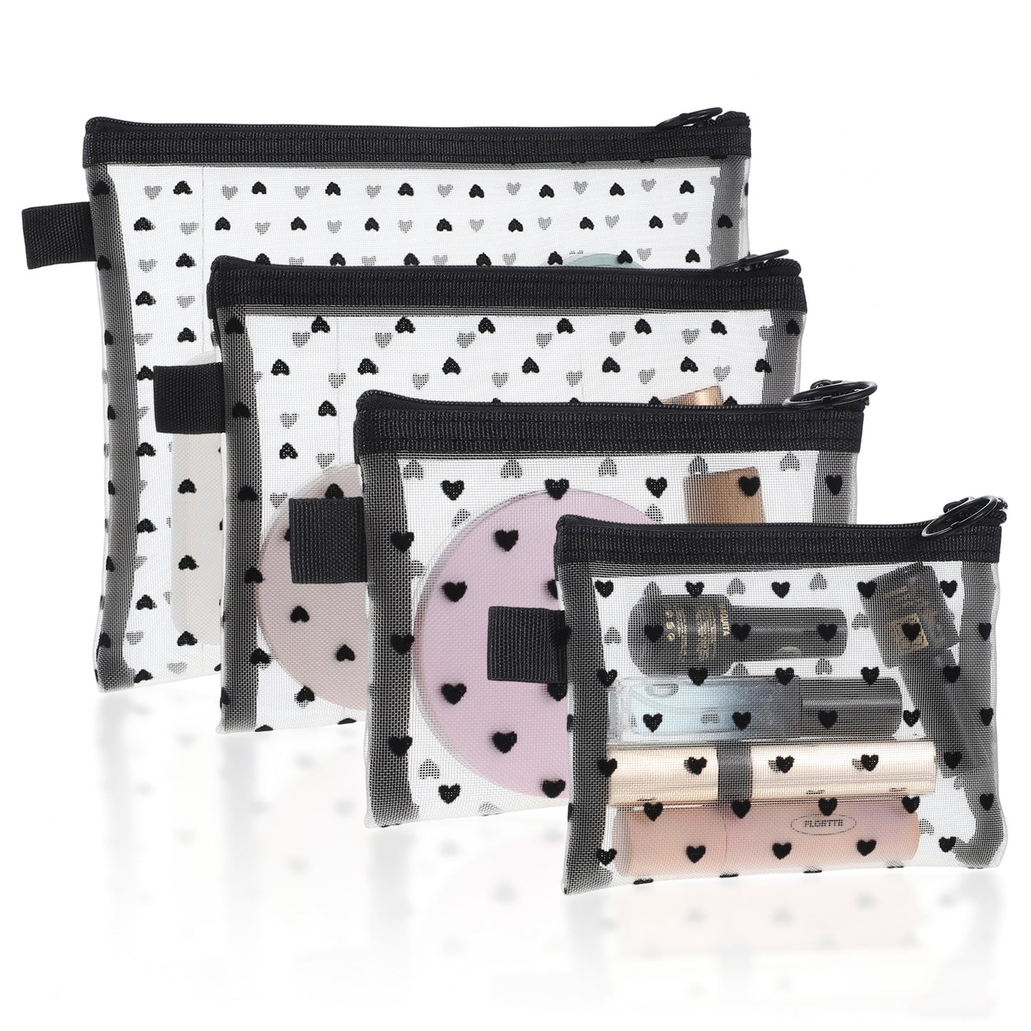 4pcs Heart Print Toiletry Bag Set, Heart Print Purse Organizer Bags