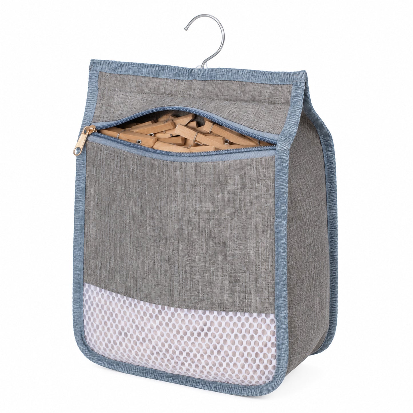 Fibraze Clothespin Bag for Clothesline Outdoor, Laundry Clothes Pin Bag with Zipper Closure, Large Opening, Large-Capacity Clothespin Storage Organizer with Hooks, Use YKK Zipper
