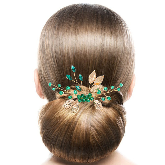 Vin Beauty Wedding Hair Accessories for Brides,Golden Leaves Green Emerald Crystal Hairpin Bride Wedding Hair Slidecomb Vintage Hair Pieces Rhinestones Hair Clips For Brides And Bridesmaids