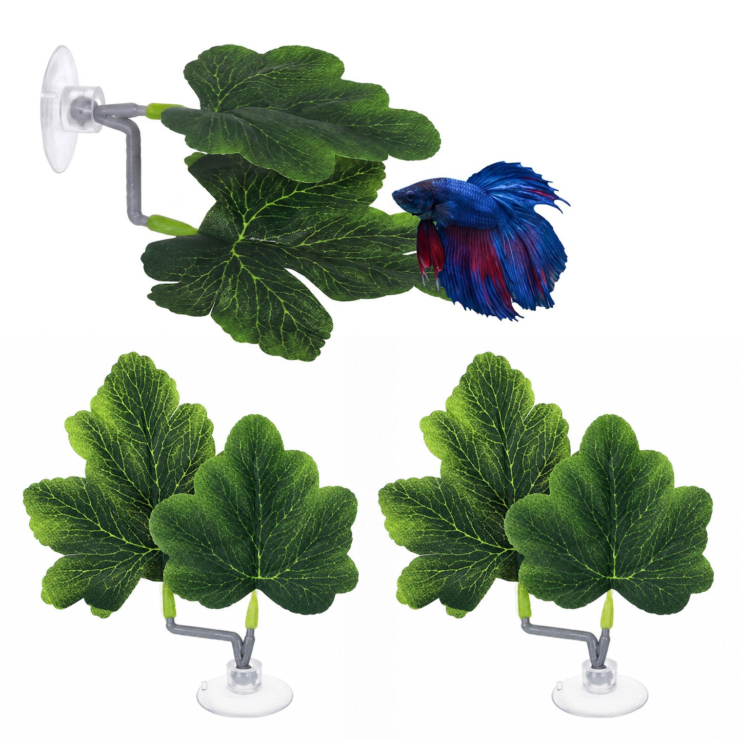 Betta Hammock, 3 Pcs Betta Fish Leaf Pad Realistic Silk Aquarium Plants Simulating The Natural Habitat for Fish Tank Accessories Betta Sleeping Resting Breeding with Plastic Suction Cup (Green)