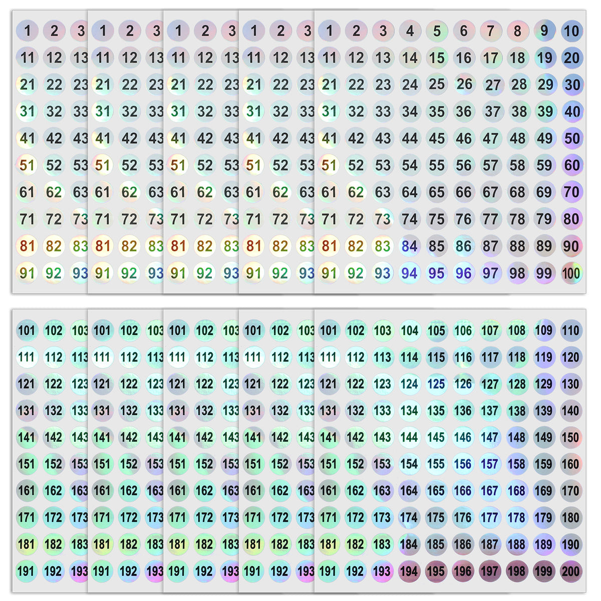 1-200 Consecutive Number Stickers Holographic Vinyl Number Stickers Labels 0.4 Inch Laser Mini Self-Adhesive Number Labels Small Round Removable Numbered Label for Storage Classification
