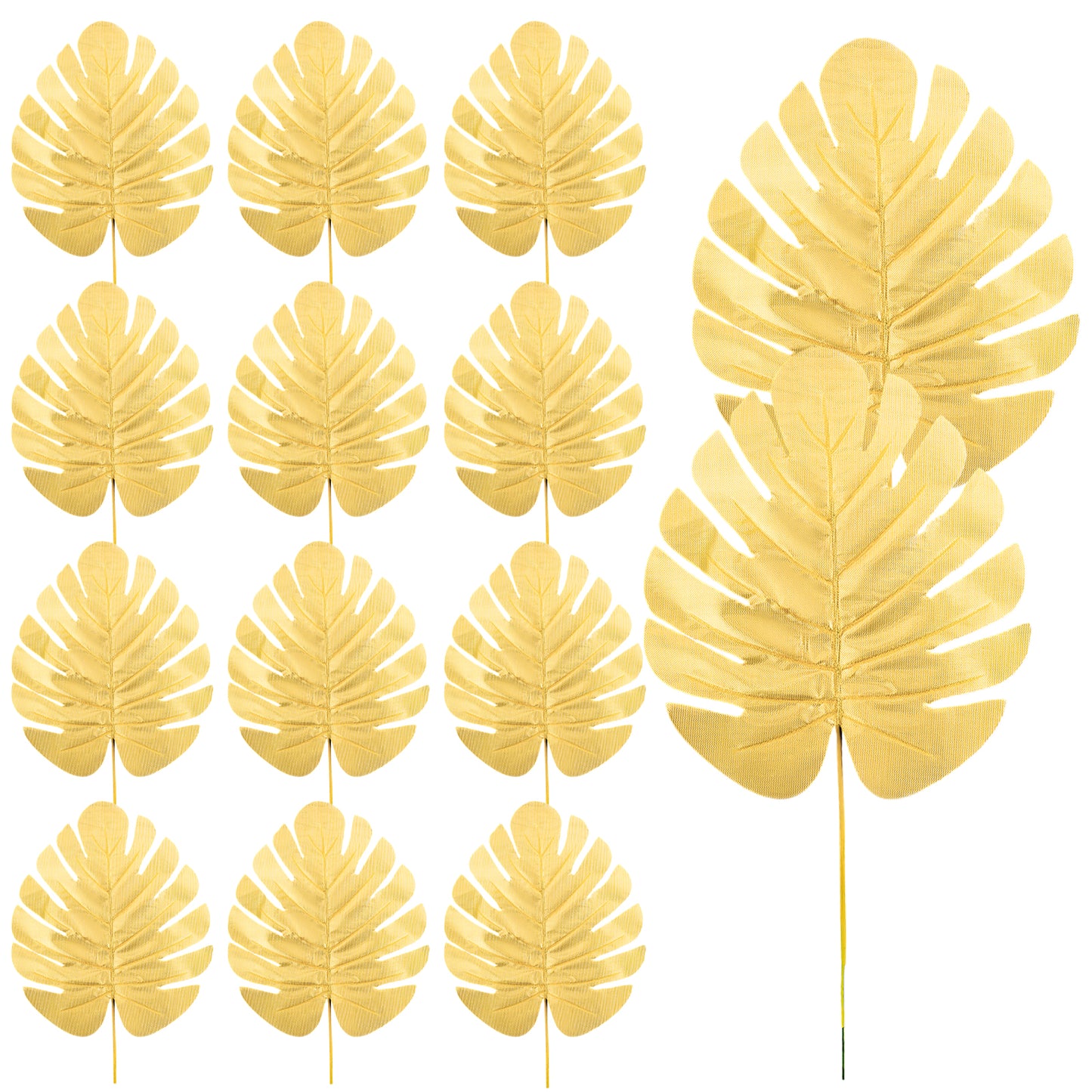 Styquenzer 12Pcs Golden Artificial Palm Leaves, Golden Faux Tropical Monstera Leaves, Realistic Palm Leaves Decor for Hawaiian Banquet Jungle Beach Party Decoration
