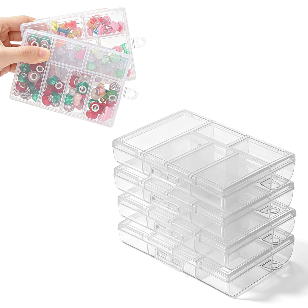 Psiriol 4 Pcs Plastic Organizer Box with Dividers, 6 Grids Bead Organizer