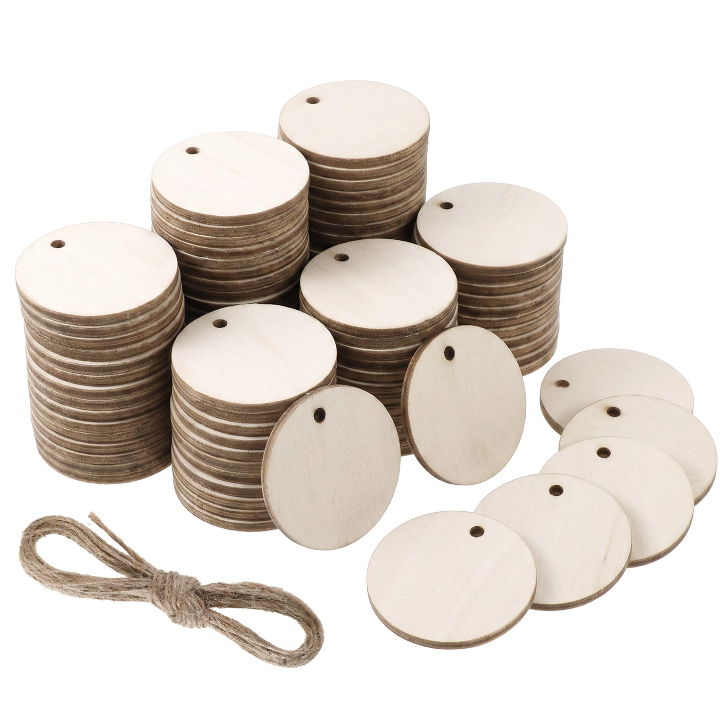 50 Pcs Round Wooden Circles for Crafts, Round Wooden Discs with Holes 1.57'' Rounds Woodens Circle with Holes Rounds Woodens Discs for Craft with Twine for Party DIY Craft Christmas Ornaments Hanging