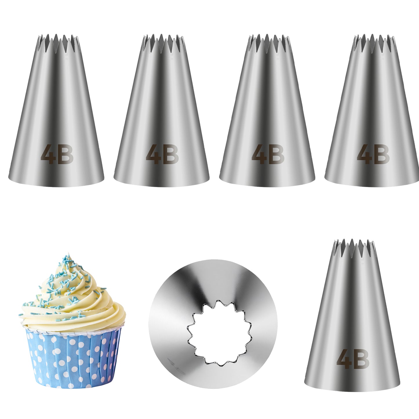 5Pcs 4B Piping Tips Star Tip for Cake Decorating Open Star Frosting Tips Icing Tip for Decorating, Stainless Steel, Silver