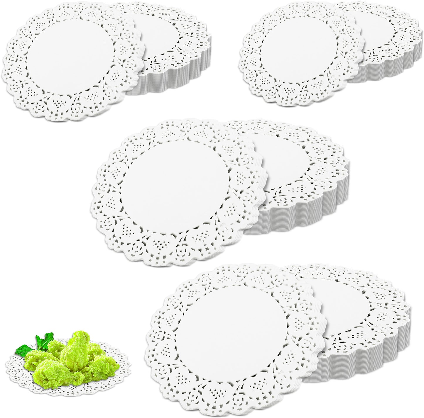 200-Piece Paper Doilies, 4.5", 5.5", 6.5", 7.5" Round Disposable Lace Placemats Elegant Table Settings for Dessert Trays, Fried Food, Cake, Tableware Decoration, Wedding Parties, Craft Projects, White