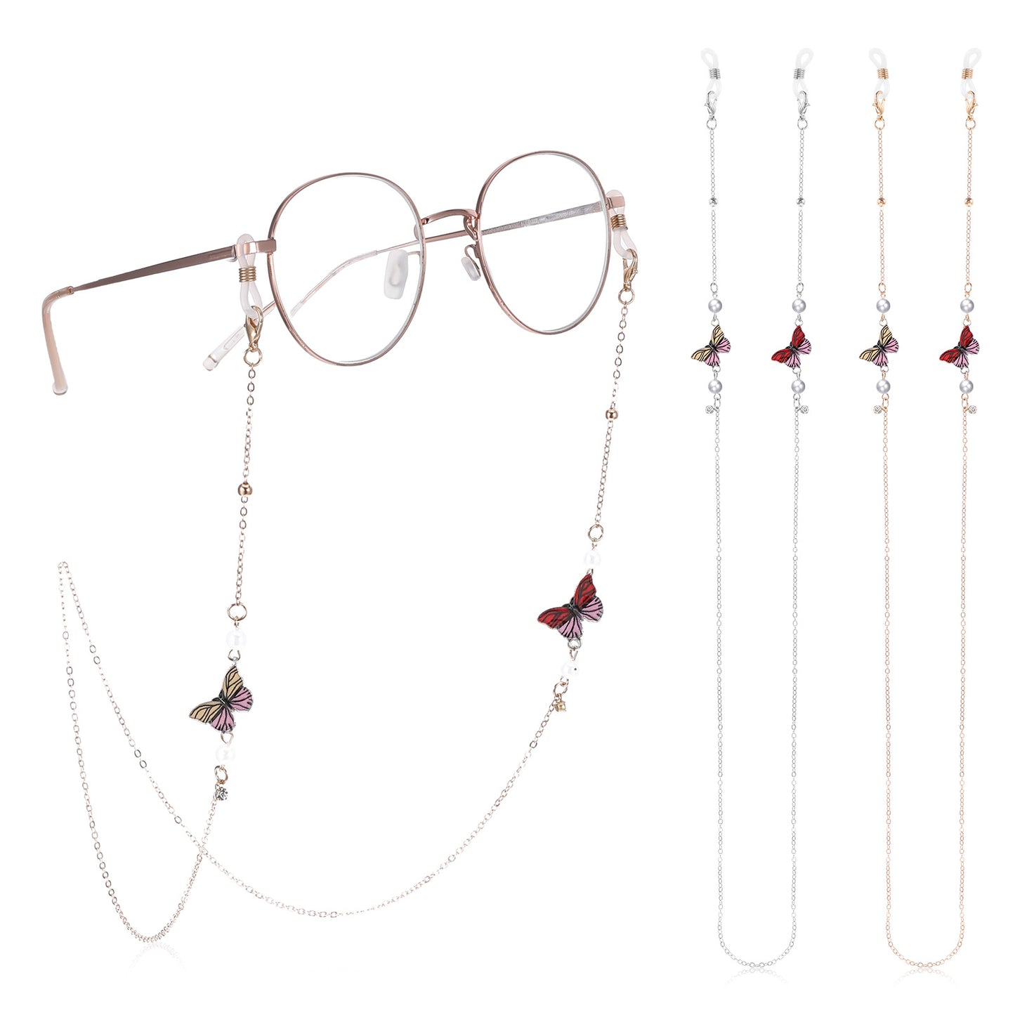 Xthrotsenk 2 Pcs Metal Eyeglasses Chain Butterfly Beaded Glasses Straps for Women Gold ? Silver Fashion Eyeglasses Chain for Sunglasses Myopia Glasses Reading Glasses