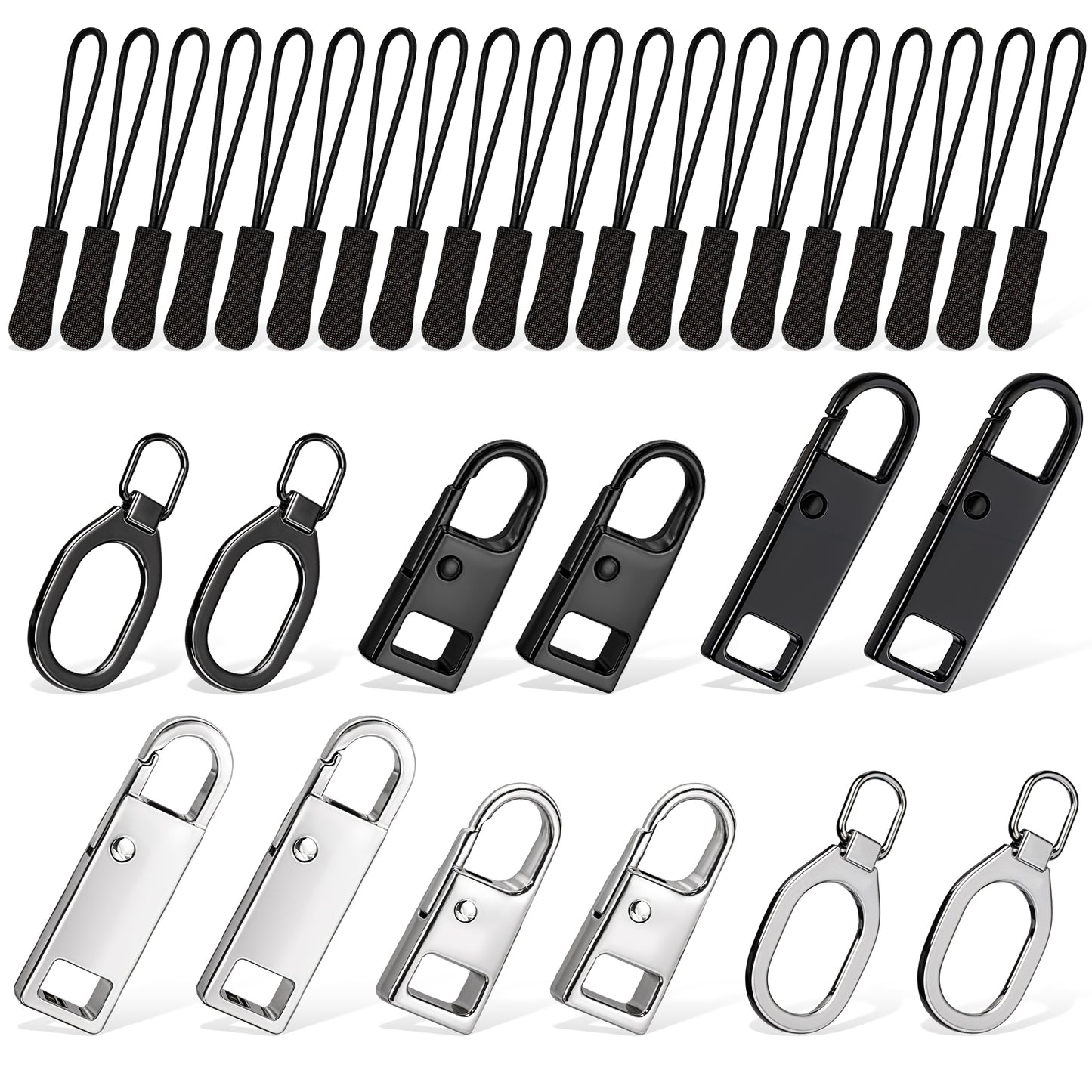 Zipper Pull Replacement,32 PCS Universal Zipper Replacements Metal/Nylon Zipper Slider Heavy Duty Detachable Zipper Repair Kit Zipper Tab Replacement for Luggage, Clothing, Backpacks, Purses, Handbags