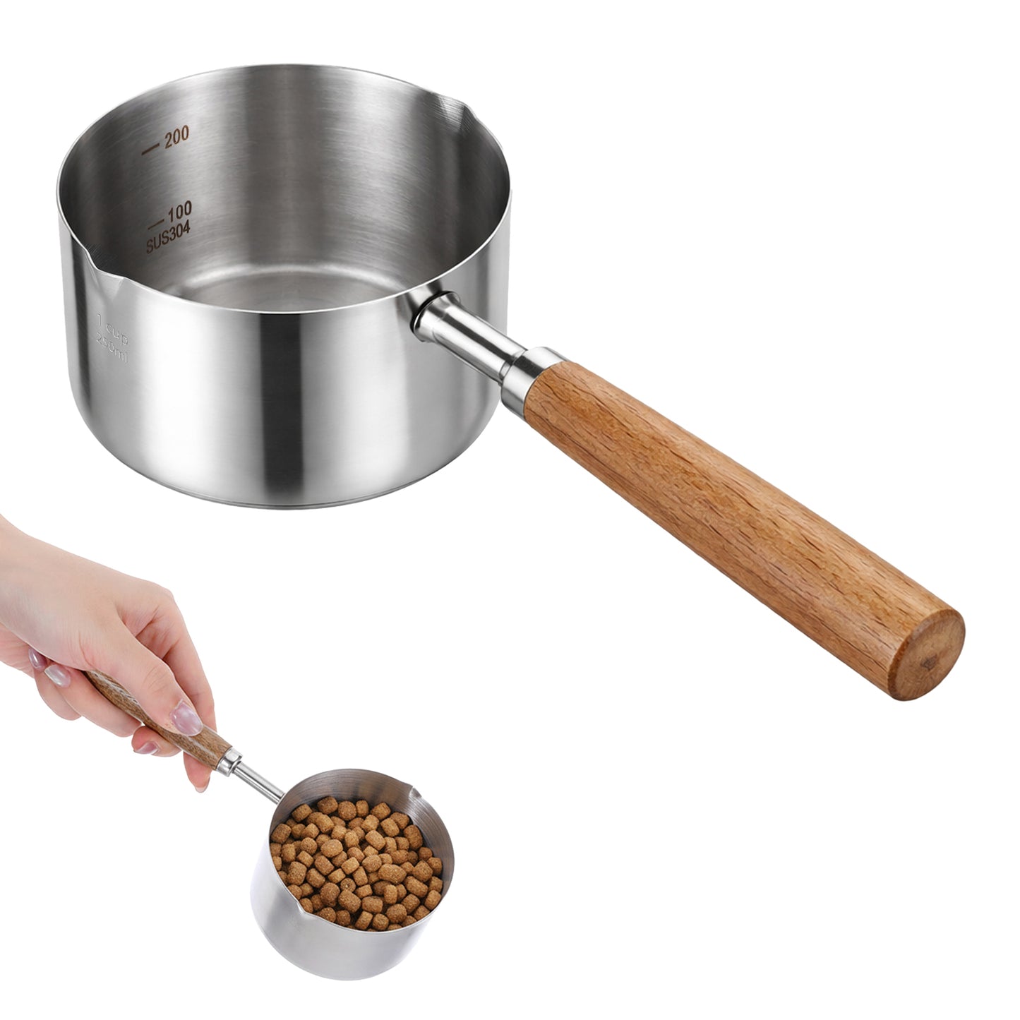 Xthrotsenk 250ml Dog Food Measuring Cup Stainless Steel Cat Dog Pet Food Scoop 1 Cup with Long Wooden Handle for Dogs Cats Easy to Clean Precise Scale
