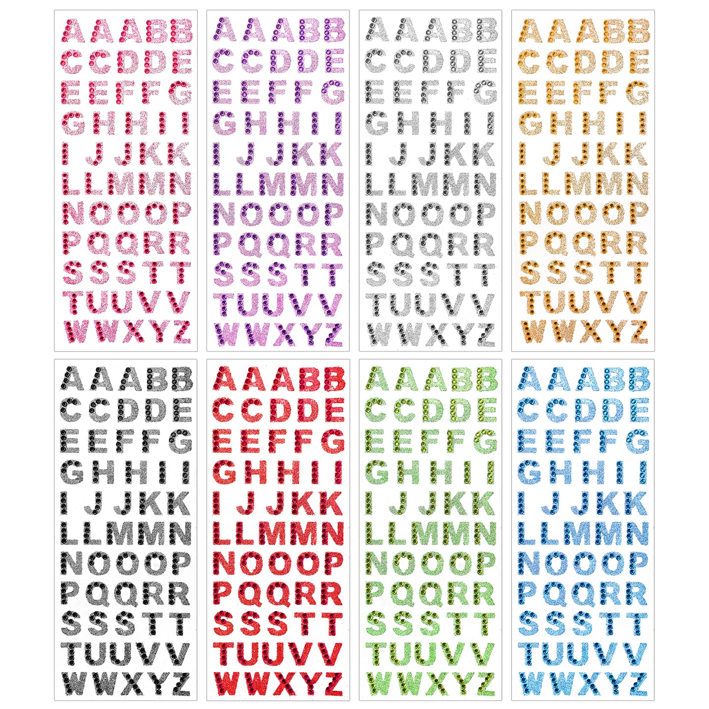 Rhinestone Stickers, 440 Pcs Glitter Letter Stickers 8 Sheets 0.6" A-Z Rhinestone Letter Sticker Self Adhesive Glitter Crystal ABC Word Sticker for Scrapbooking Grad Cap Handicraft Art Card Making