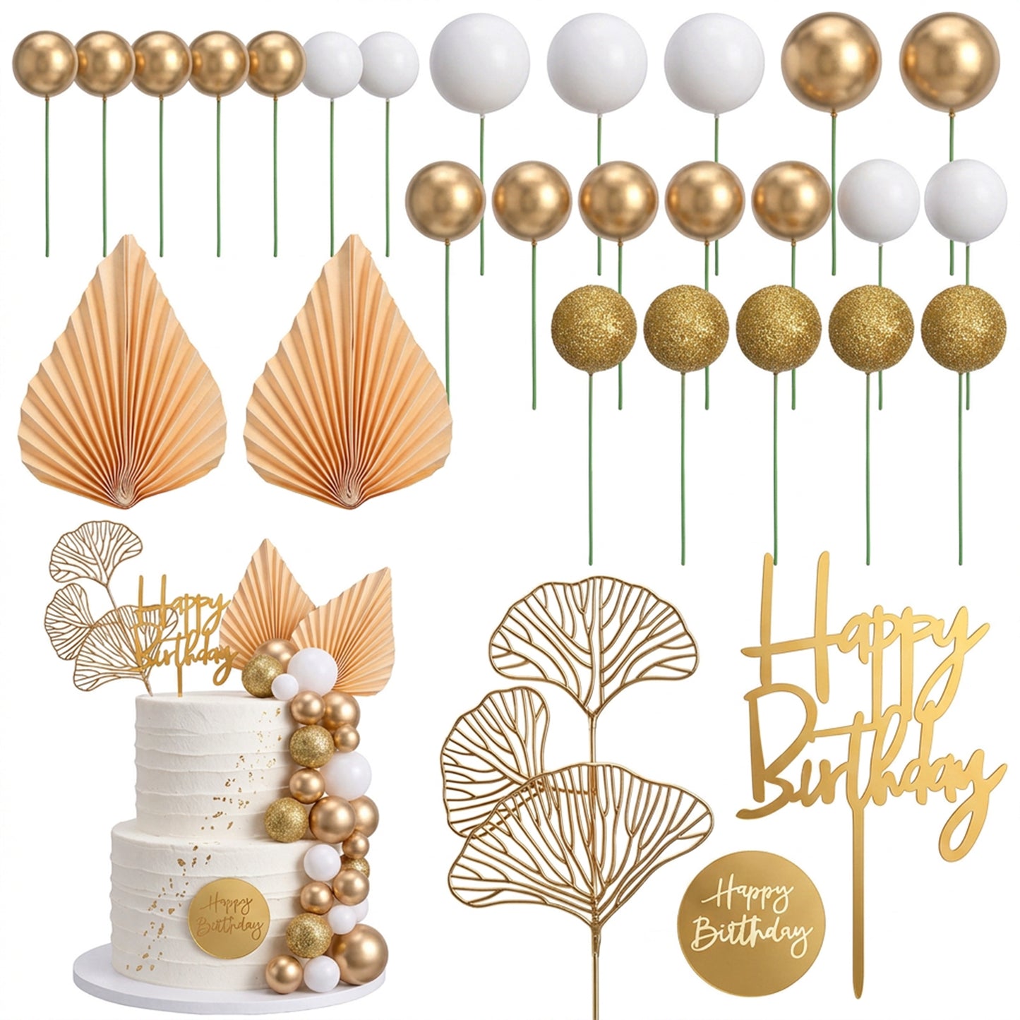 White Gold Balls Cake Toppers, Paper Palm Fan Cake Topper Balls Cake Pick, Champagne Rose Cake Decoration, Boho Birthday Cake Decoration Balloon Cake Insert for Wedding Baby Shower Party Anniversary