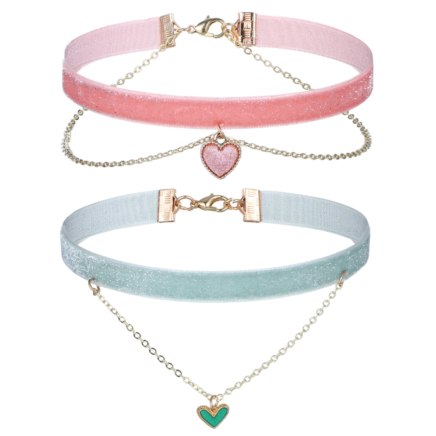 salbsever 2 Pcs Pink Choker Necklace Bling Bling Velvet Choker Necklace Set with Heart Pendant Adjustable Cute Velvet Chokers Green Chokers for Women(Pink and Mint Green)