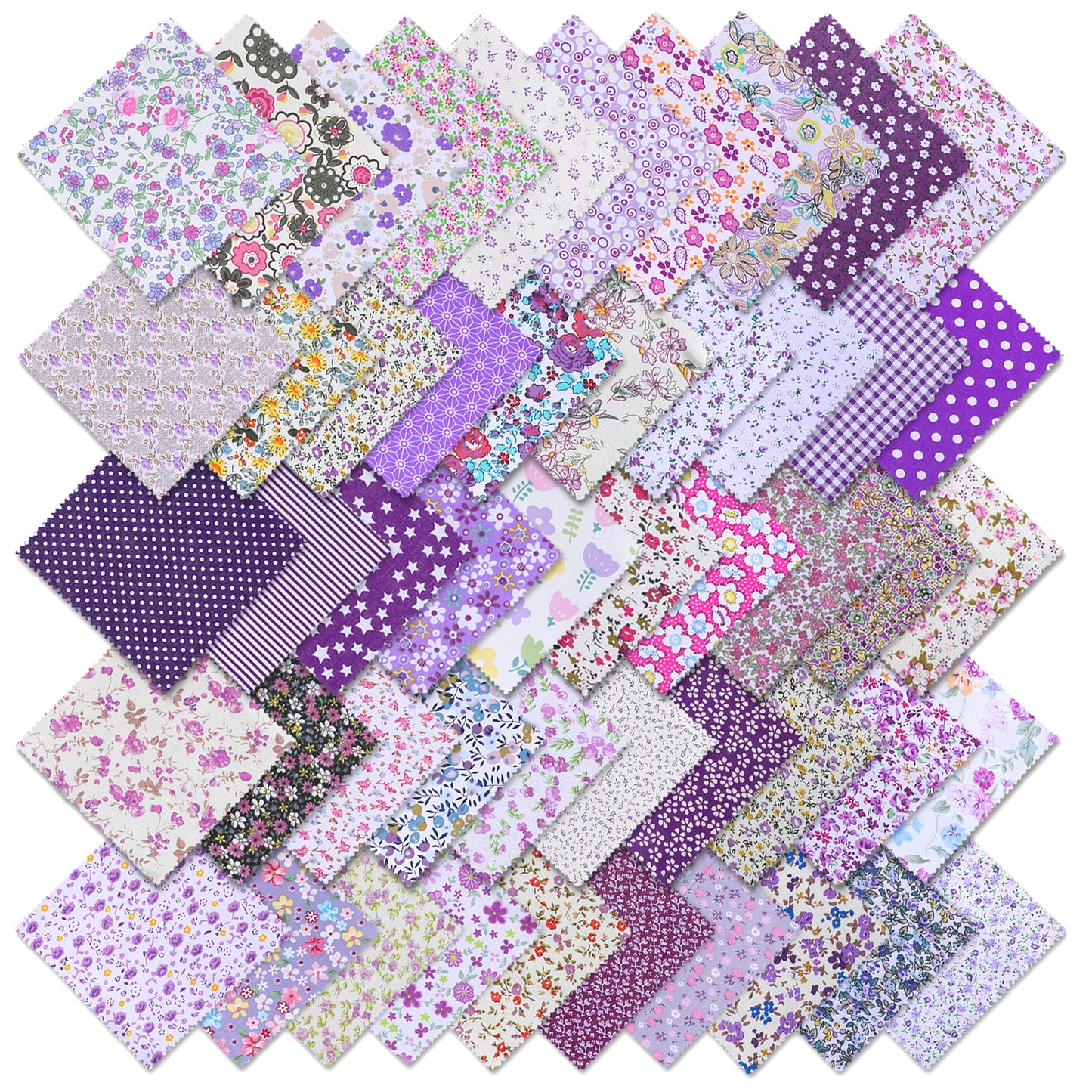 50 Pcs 12.7 x 12.7 cm Purple Cotton Fabric Squares, 5 Inch Pre Cut Cotton Floral Fabric for Quilting Sewing Patchwork Quilt Bags DIY Crafts Home Decor Making Supplies Layer Cakes (Purple)