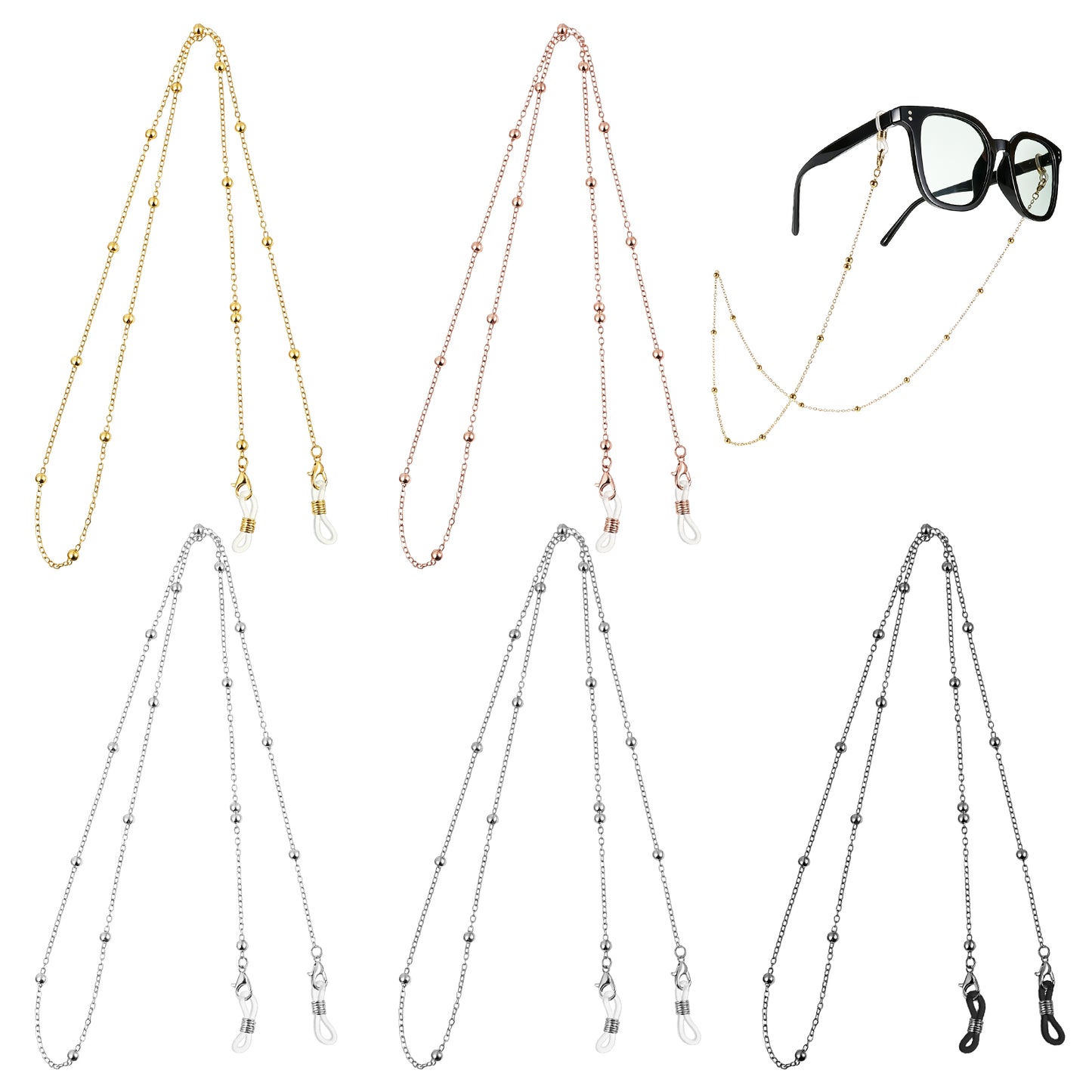 Bruislard 5 Piece Eyeglass Holders Around Neck Beaded Eyeglasses Lanyard Vintage Reading Glasses Chain with Eyeglass Loop Eyewear Retainer for Women and Men(Black Silver Gold Rosegold)
