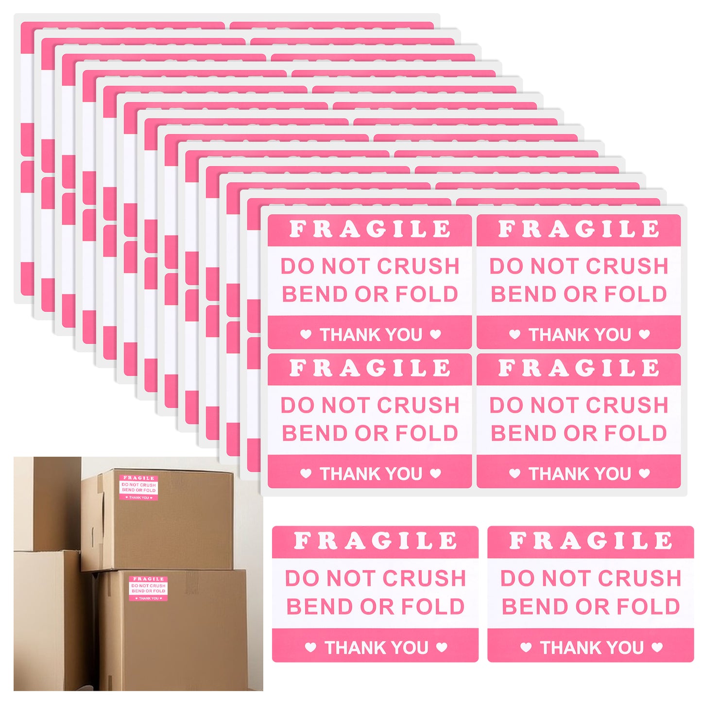 100 PCS Do Not Bend Stickers, 3x2inch Do Not Crush Bend or Fold Shipping Handling Sticker Fragile Warning Sticker Handle with Care Stickers for Package Boxes Inventory,Envelops Mailing(Pink)