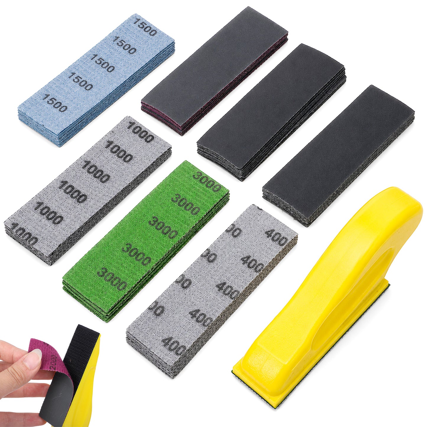 70PCS Micro Detail Sander Paper Kit, Fine Grit Sandpaper, Wet Dry Sandpaper, Grit 400 600 800 1000 1500 2000 3000, 3.5”x 1”Hand Sanding Block with Hook and Loop Sanding Strips for Crafts Woodworking
