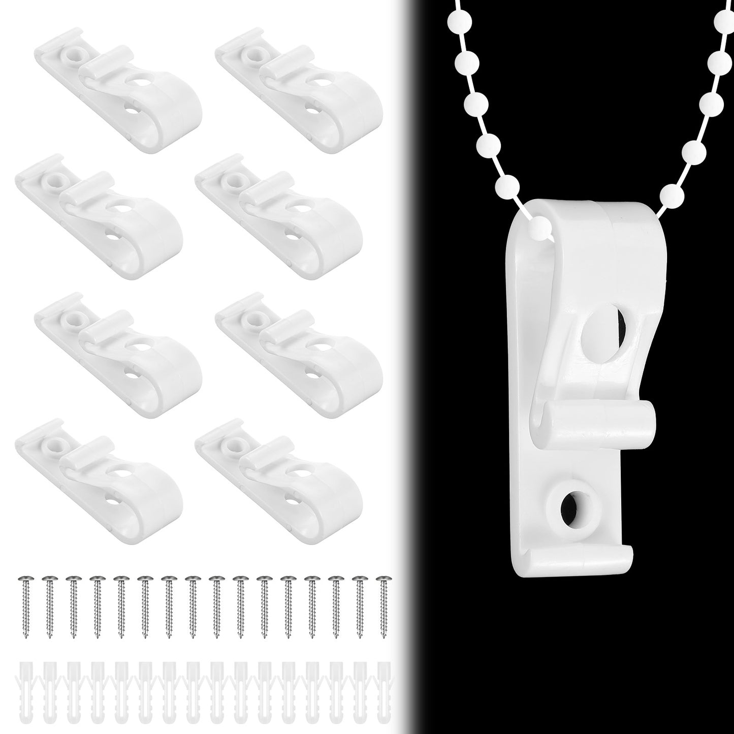 8 Sets Blind Cord Holder Roller Shade Safety Chain Retainer Curtain P Clip Cord Guide Fixation Hook with Screws, Bead Chain Tension Device Curtain Hardware for Pleated Roman Shades Roller Vertical