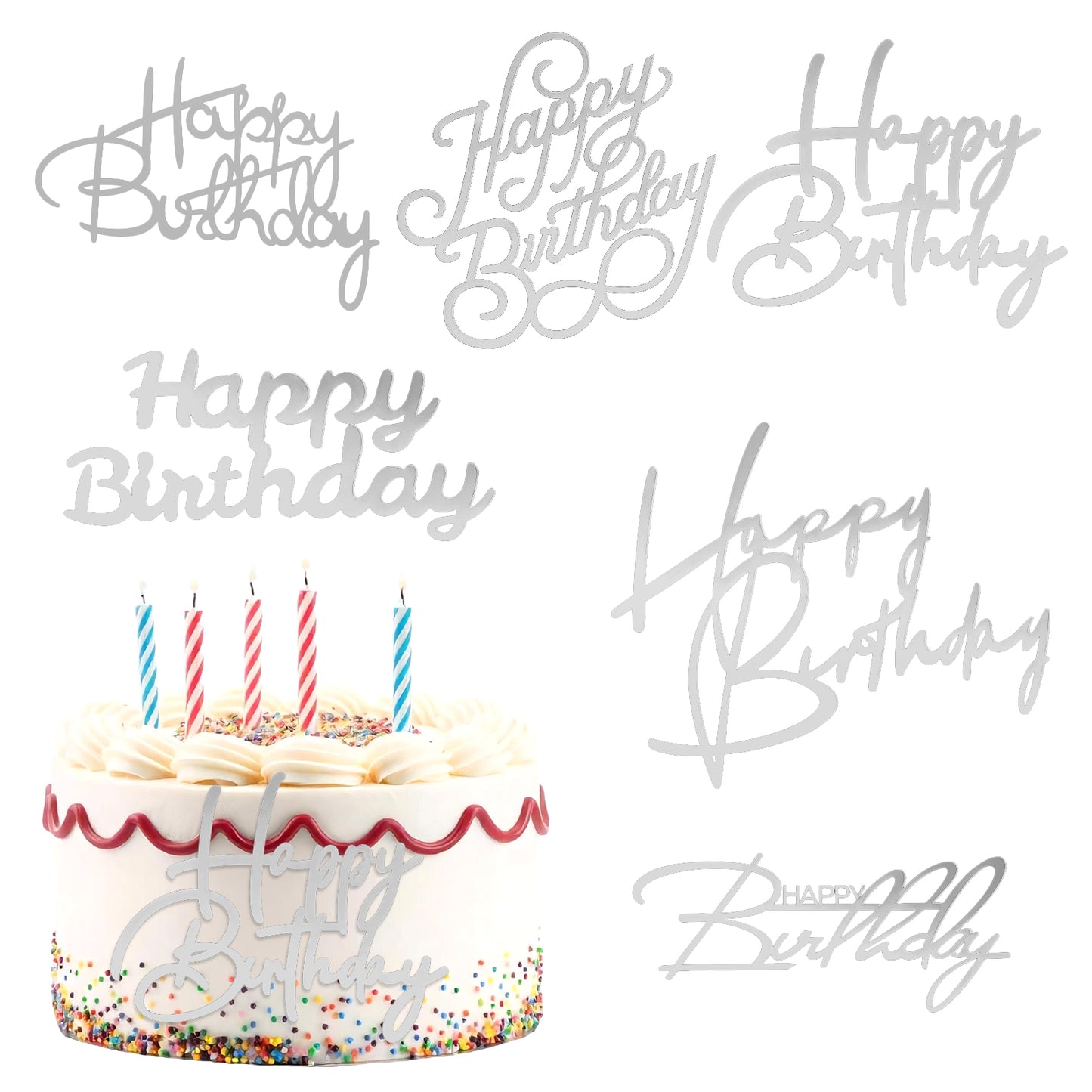 6 Pcs Silver Happy Birthday Cake Topper Acrylic Happy Birthday Side Cake SignBlack Inserts Decoratin Decor CupCake Tools DIY CupCake Sign Toppers Party Supplies