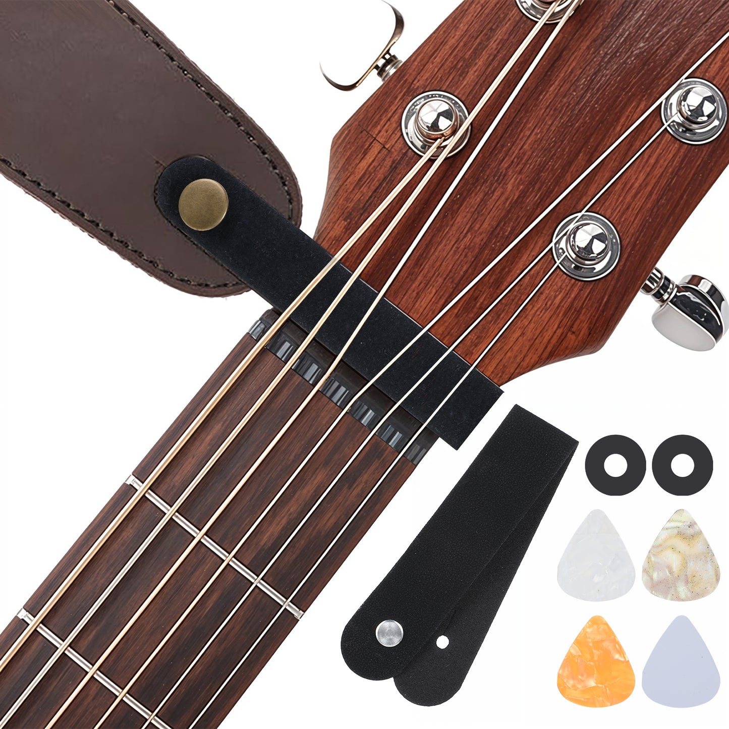 SynHHergyx Guitar Strap Lock, PU Leather Acoustic Guitar Strap Button Headstock Adapter Tie with 2 Anti-slip and 3 Guitar Picks Buckle or Acoustic Classic Guitars Ukulele