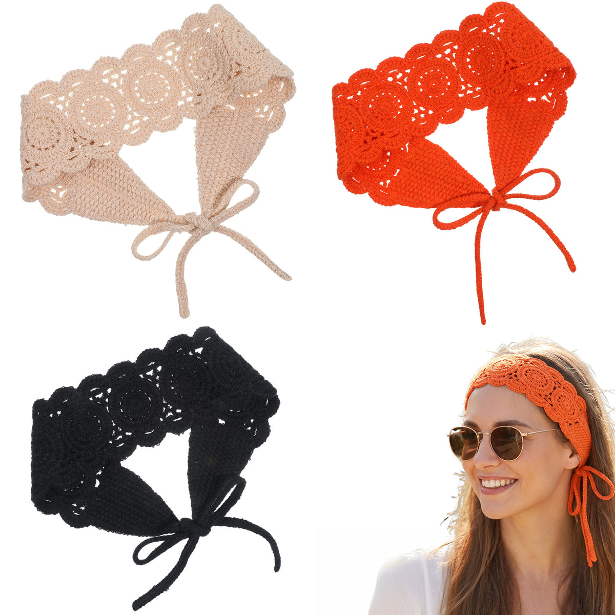3Pcs Boho Headbands for Women Tie Back Crochet Head Scarf