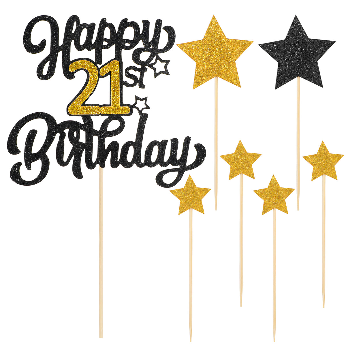 1 PCS 21st Birthday Cake Topper, With 6 Pcs Glitter Star Decor