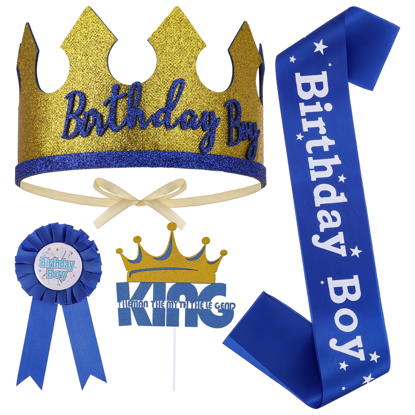 Xthrotsenk Birthday Crown Hat Sash Button Pin and Dress Up Set, Blue Birthday Party Supplies, Boy Sash Birthday Theme Dress Up Set, Birthday Party Decoration Headband Tiara, Ribbon Medal for Boy