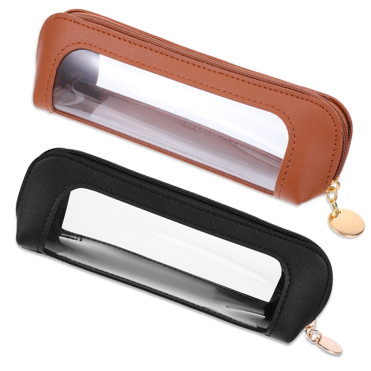 Small Makeup Brush Bag, 2 Pcs PU Leather Travel Small Clear Makeup Bag Portable Transparent Waterproof Cosmetic Organizer Pouch with Zipper for Women Home Travel Office Cosmetic Storage (Brown, Black)