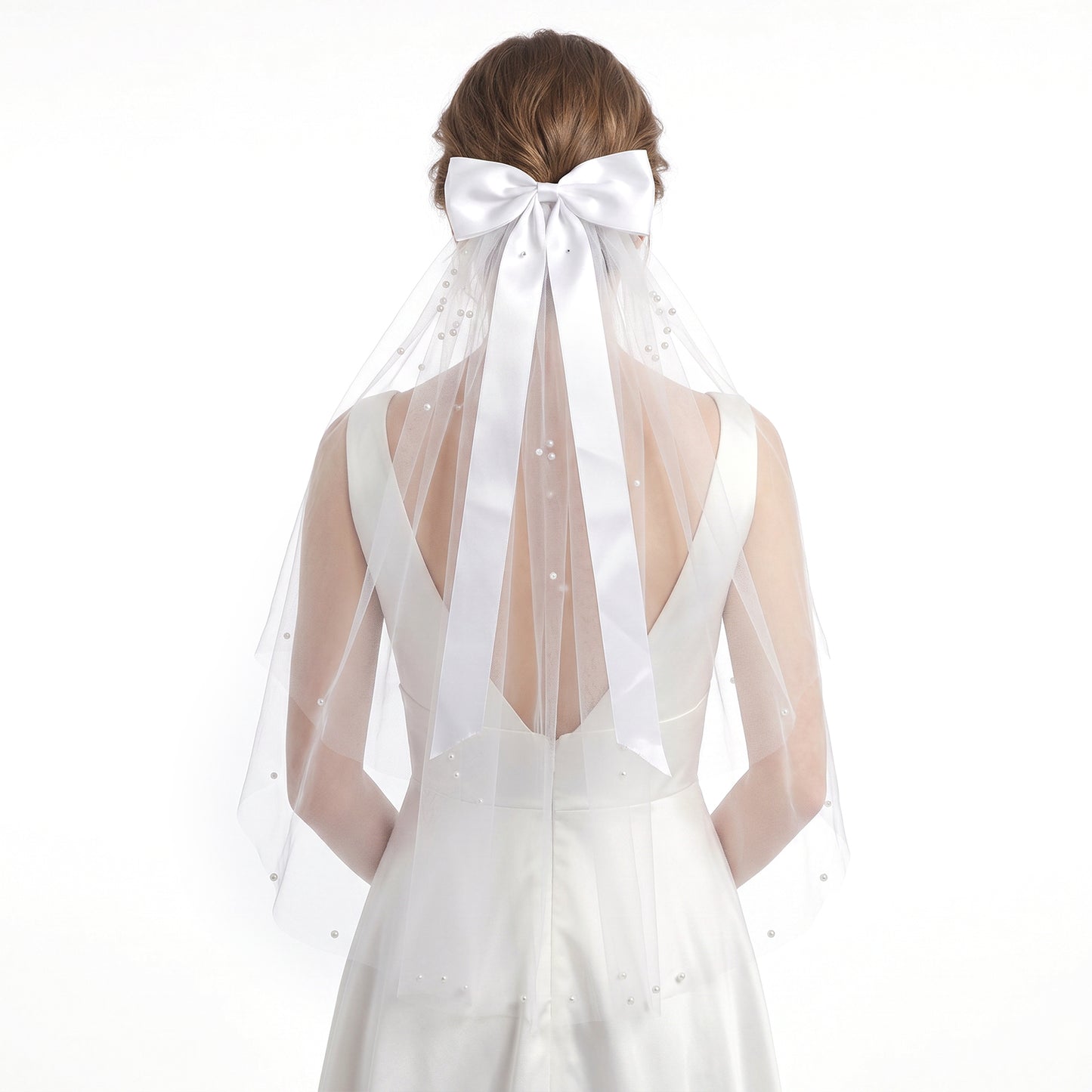 Bridal Bow Veil, Short Veils for Brides White Bachelorette Veil Wedding Veils for Brides Bride Veiles With Bow and Pearls - Elegant Tulle Comb Hold Engagement Favors for Bride and Women