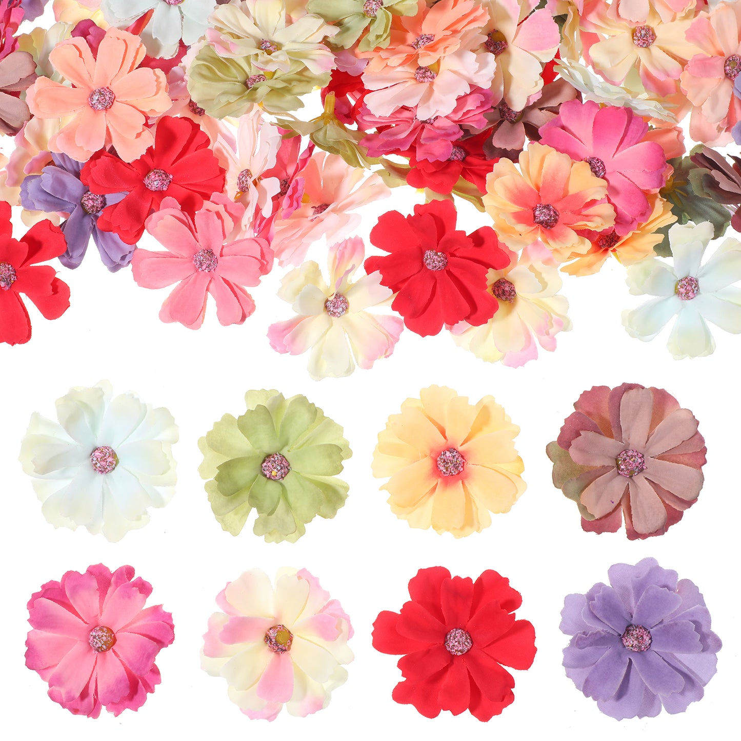Qulkws 100 Pcs Fake Flower Heads Spring Assorted Small Flower Decorative Artificial 3D Fabric Flowers Heads Bulk for Cake Crafts DIY Graduation Cap Wedding Hair Dresses Wreath Party Home Decor