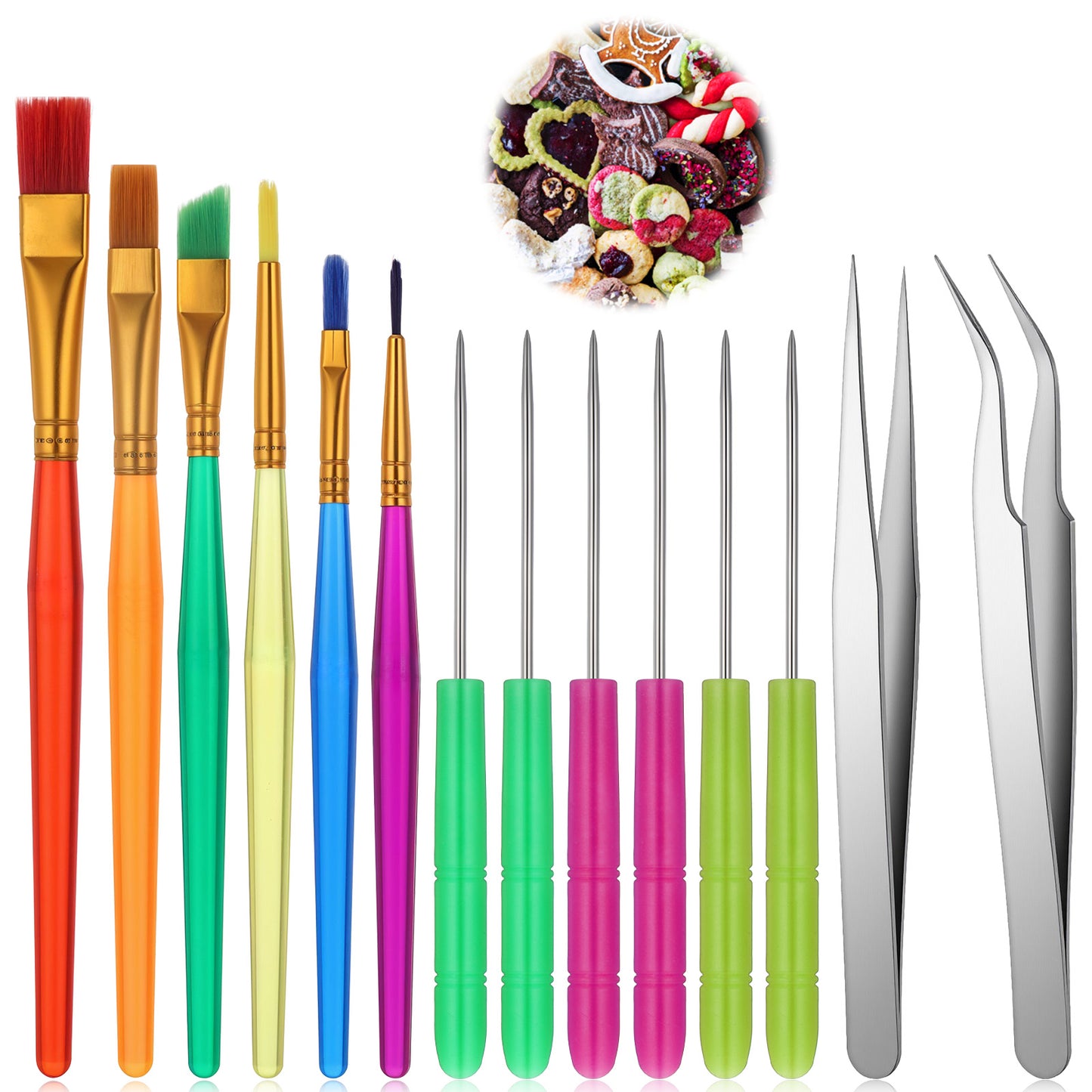 14 PCS Cookie Decorating Tool Set, Fondant Cake Decorating Brushes Scribe Cookie Tool Sugar Stir Needle Baking Elbow and Straight Tweezers for Baking Fondants Christmas Sprinkles Supplies for Fondant