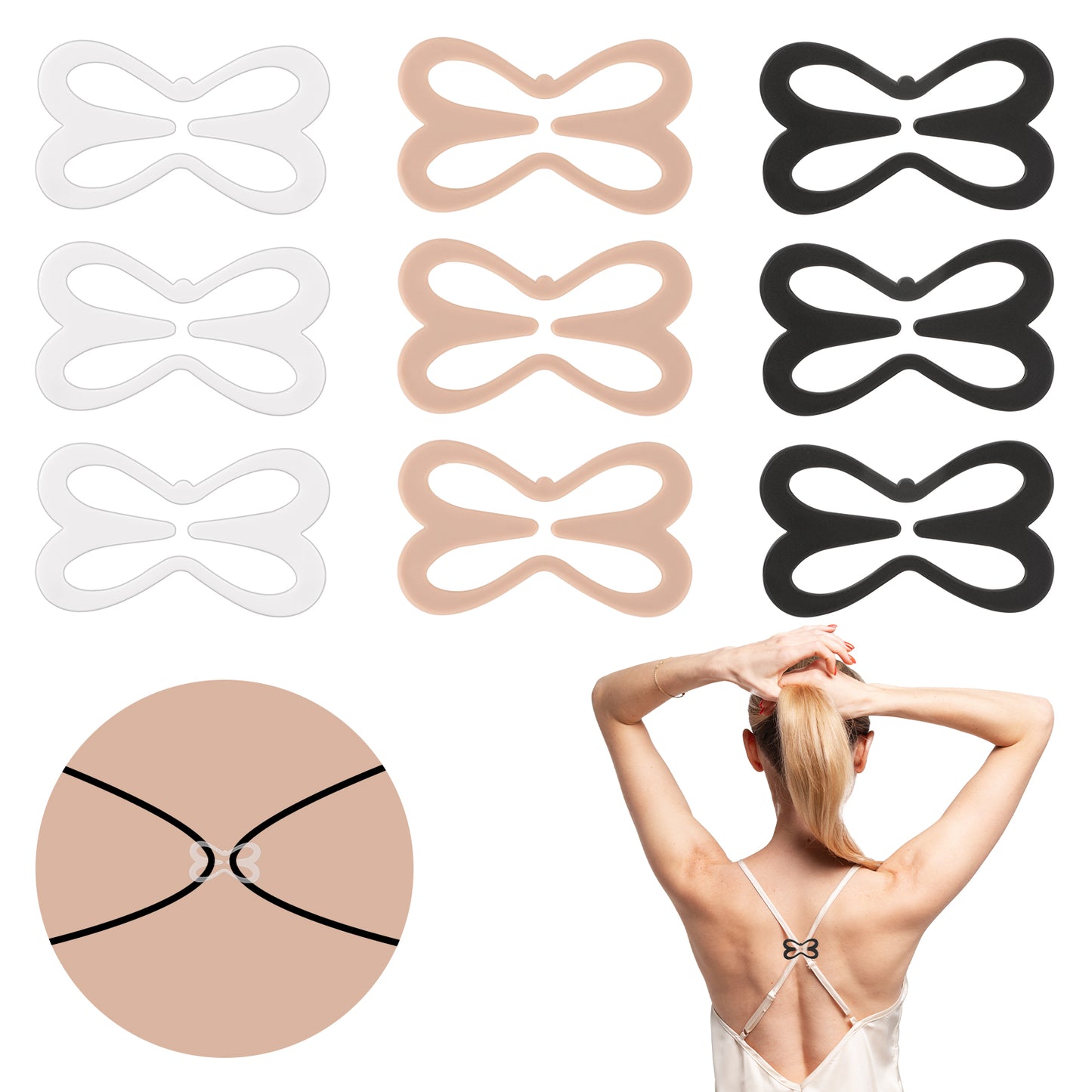 Xthrotsenk 9 pcs Bra Strap Holder for Racerback Anti-Slip Bra Clips for Straps, Cross Back Clips Buckles for Conceal Straps (Clear, Black, Nude)