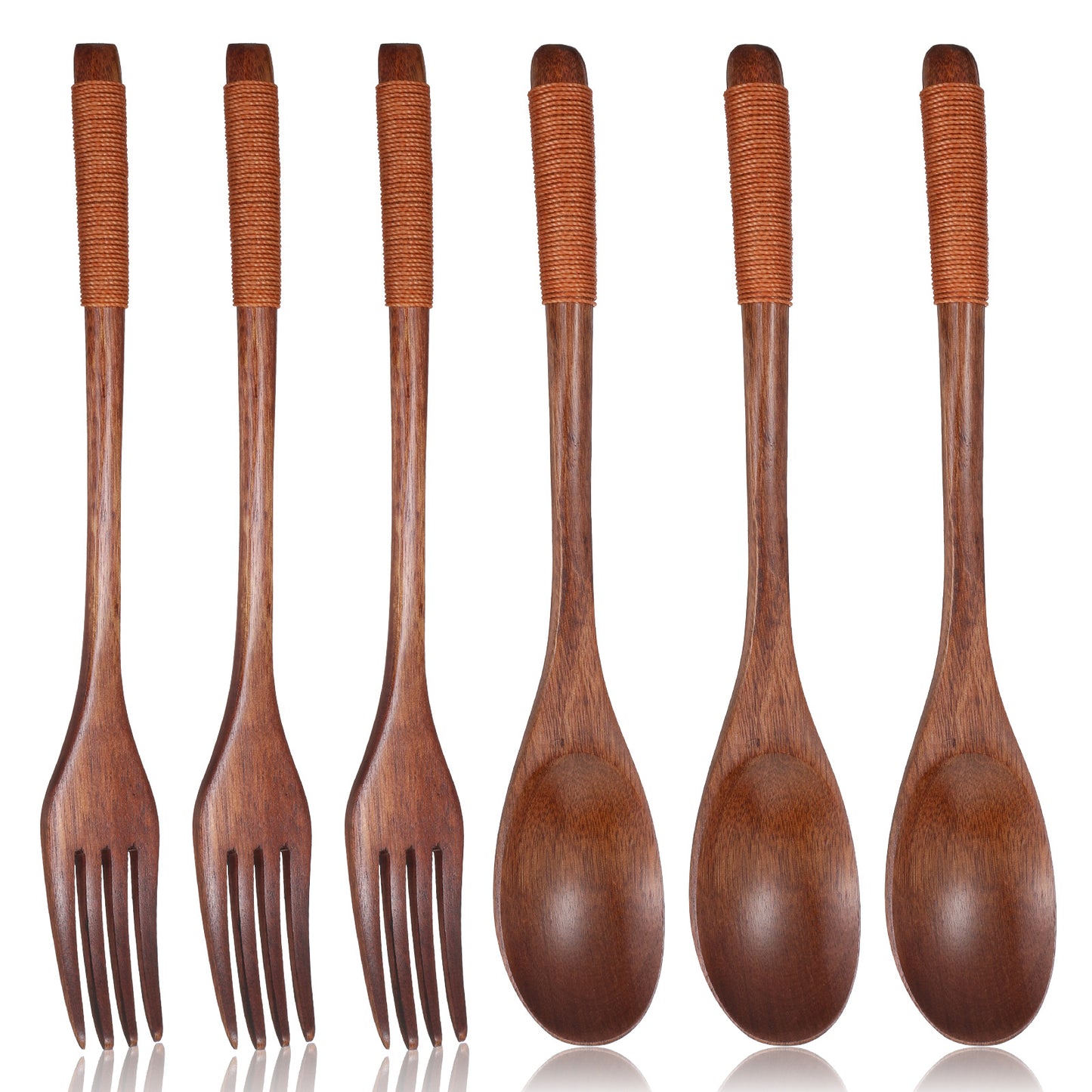 6 Pcs Wooden Spoon and Fork Set for Eating Anti-Slip Handle with Thread Wrapping Reusable Spoons Forks Cutlery Set Wooden Tableware Flatware for Stirring Cooking (8.66 Inch Long)