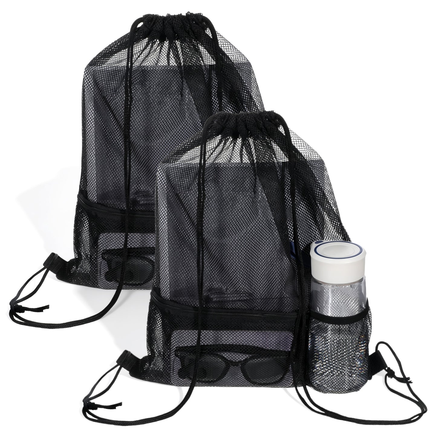Bruislard 2 Pcs Mesh Drawstring Backpack Bag Heavy Duty Nylon Net Bags with Zipper Pocket Multifunction Mesh Bag Beach Bags for Gym Swimming Beach Toys Clothes