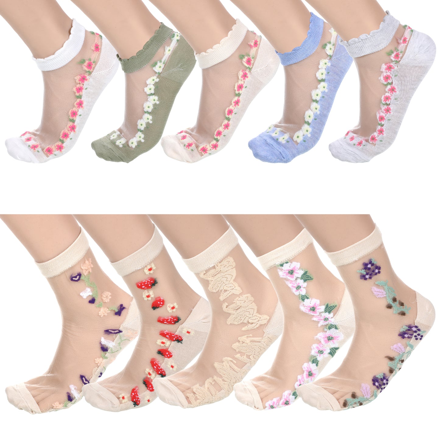 10Pairs Lace Flower Socks for Women Floral Sheer Mesh Sock Sheer Ankle Sock with Designs Summer See Through Socks for Women and Girls