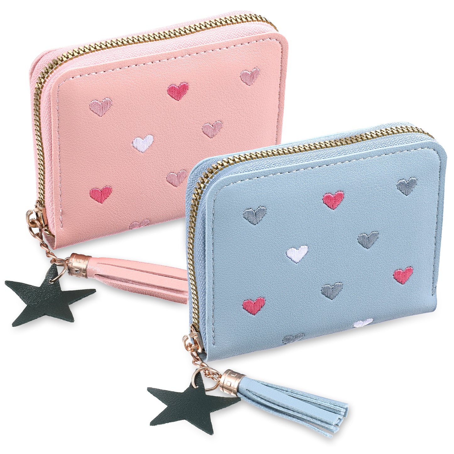 Trinkrittey 2Pcs Womens Wallet with Zipper PU Leather Credit Card Holder Small Leather Card Holder with Card Slots Heart-Embroidery Star Tassels Cute Pocket Clutch (Blue+Pink)