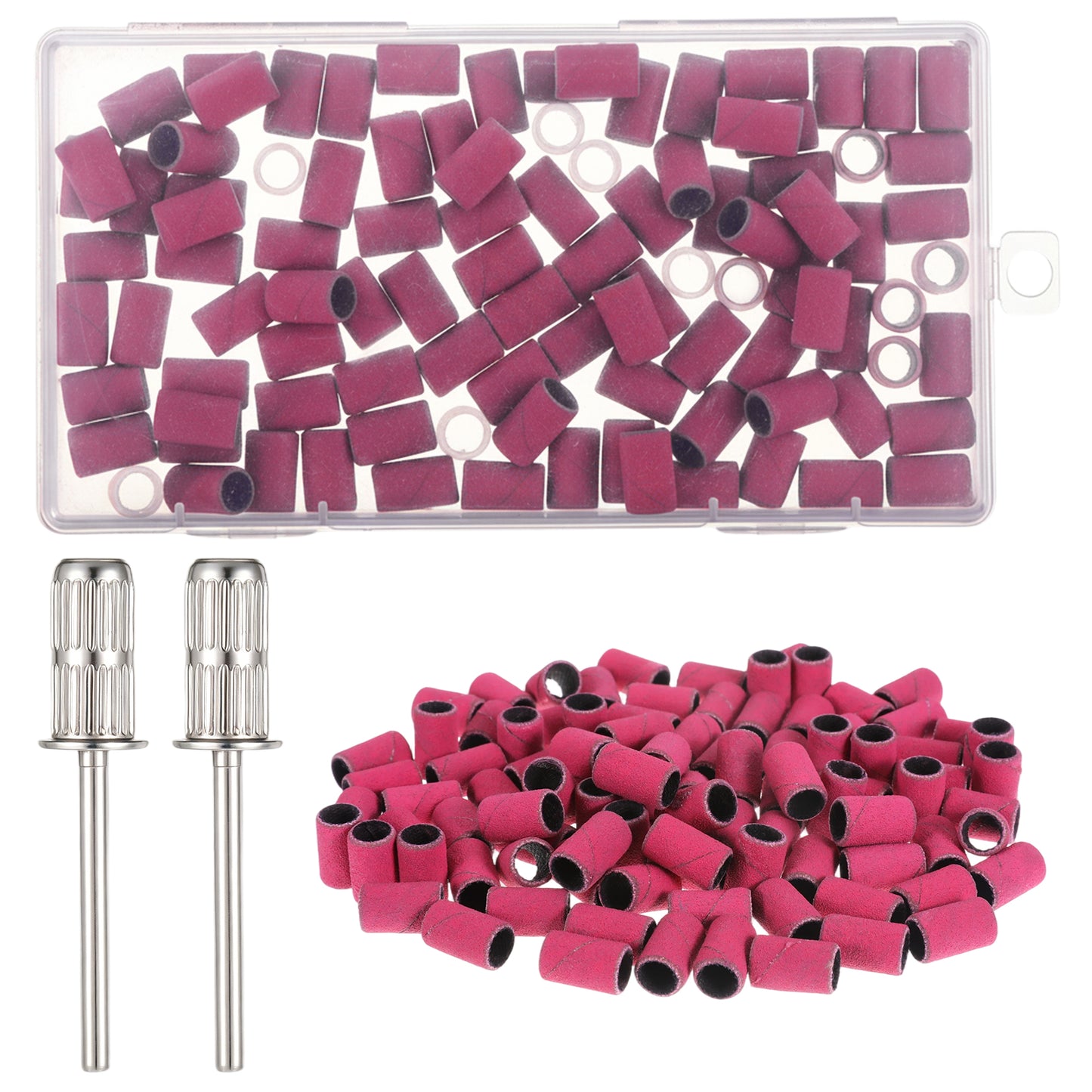 100Pcs Sanding Bands for Nail Drill, Small Sanding Bands 180 Grit Sandings Band Sandings Band with 1Pcs 3/32'' Nail Drill Bits for Acrylic Nails Gel Manicures, Pink Including an Organizer