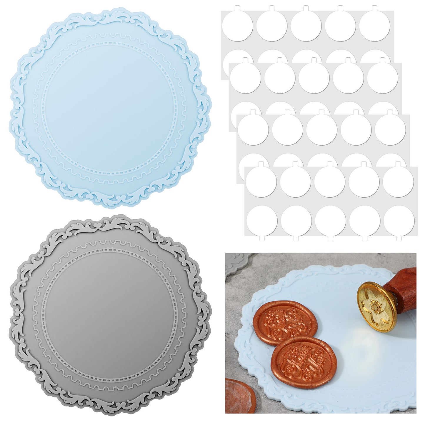 2 PCS Wax Seal Silicone Pad, Silicone Wax Seal Mat for Stamp with 40 Double Sided Adhesive Dots Waxseal Pads Kit for DIY Craft Adhesive Waxing Thank You Cards, Wedding Invitations Wrapping