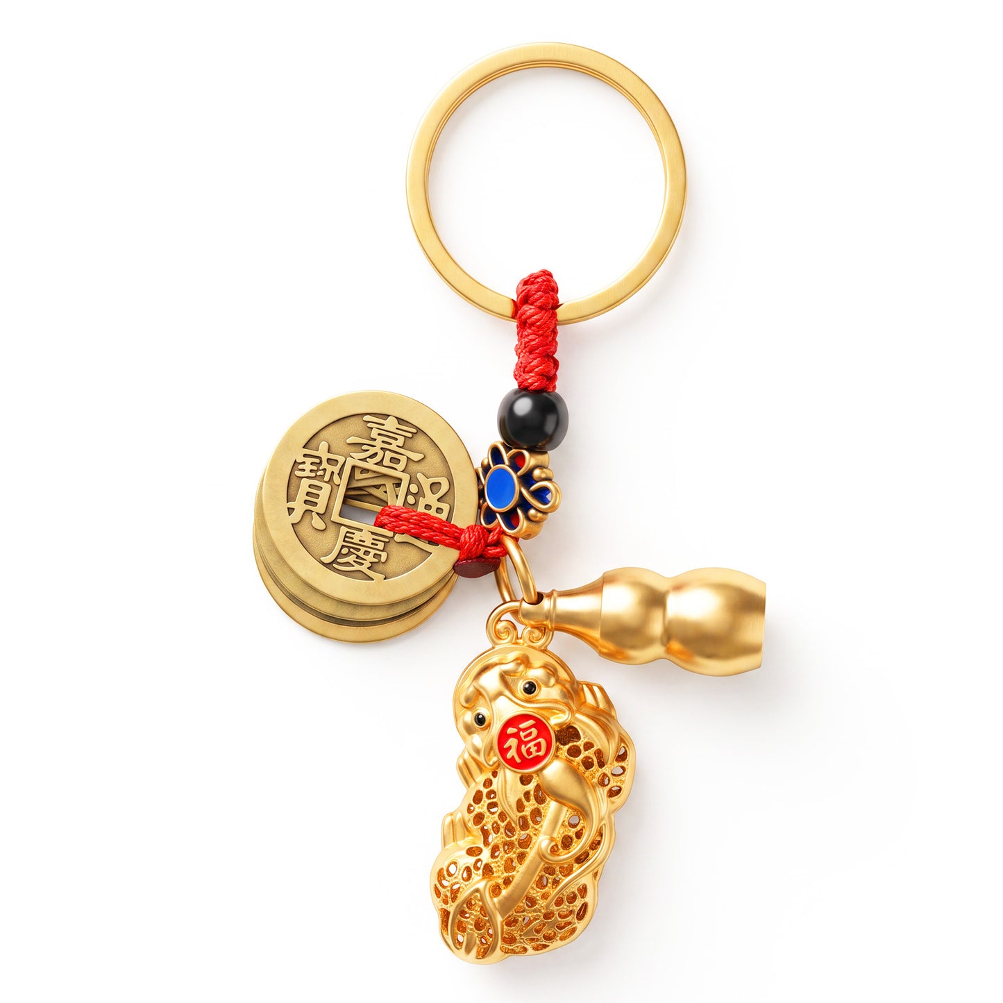 Zelphvt 1 PCS Brass Pixiu Keychains with Gourd and Five Emperors Money Feng